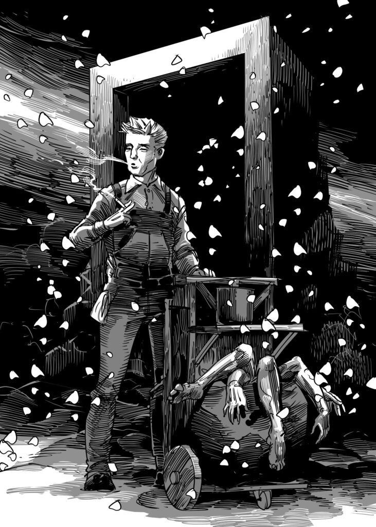 A Janitor with a cart full of zombie limbs having a break. Black and white pencil illustration. Super cool.